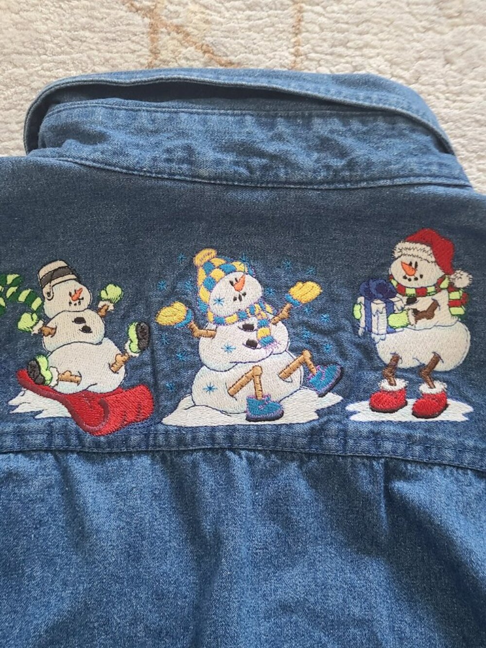 Vtg Christmas Denim Shirt XL XXL Snowman Embroidered Custom Holiday